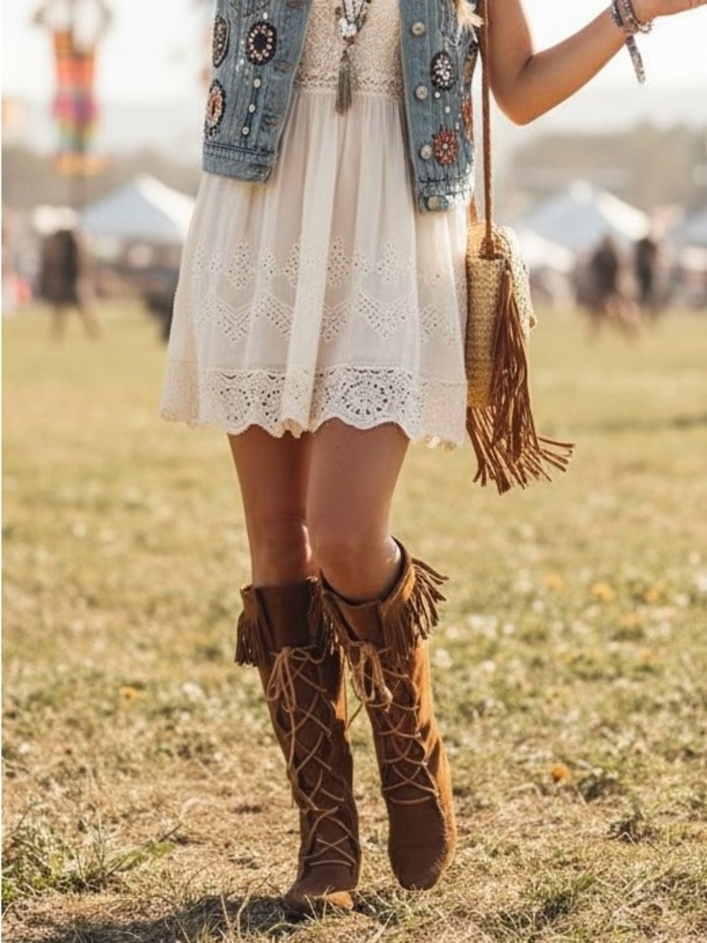 Minnetonka Fringe Cognac Suede Over-the-Knee Lace-Up Boots‎ Festival